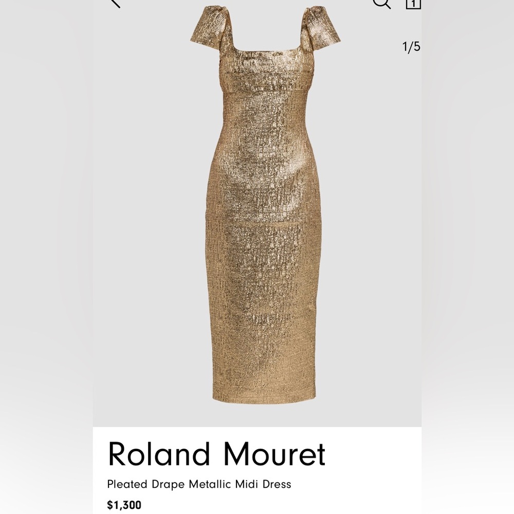 Roland Mouret Metallic Gold Pleated Drape Midi Dress